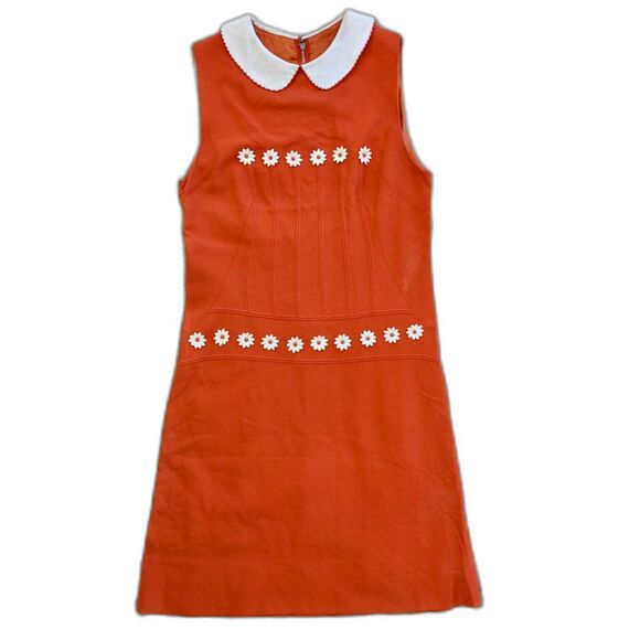 RARE Vintage 60s SHUBETTE OF LONDON Orange Crepe Daisy Mod Mini Dress, Sz 00 / 0 - Picture 10 of 14